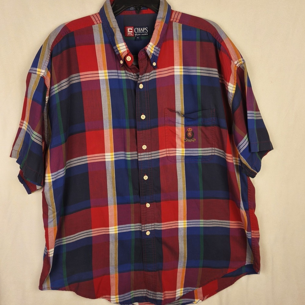 Vintage Chaps Ralph Lauren Crown Logo Mens XL Colorful Button Down Short Sleeve‎